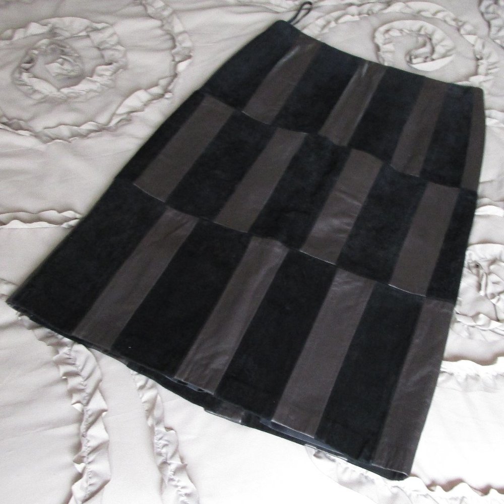 DKNY brown leather black suede knee length skirt